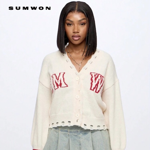 Women's Cream Cardigan with Red Accents - Picture 4 of 5